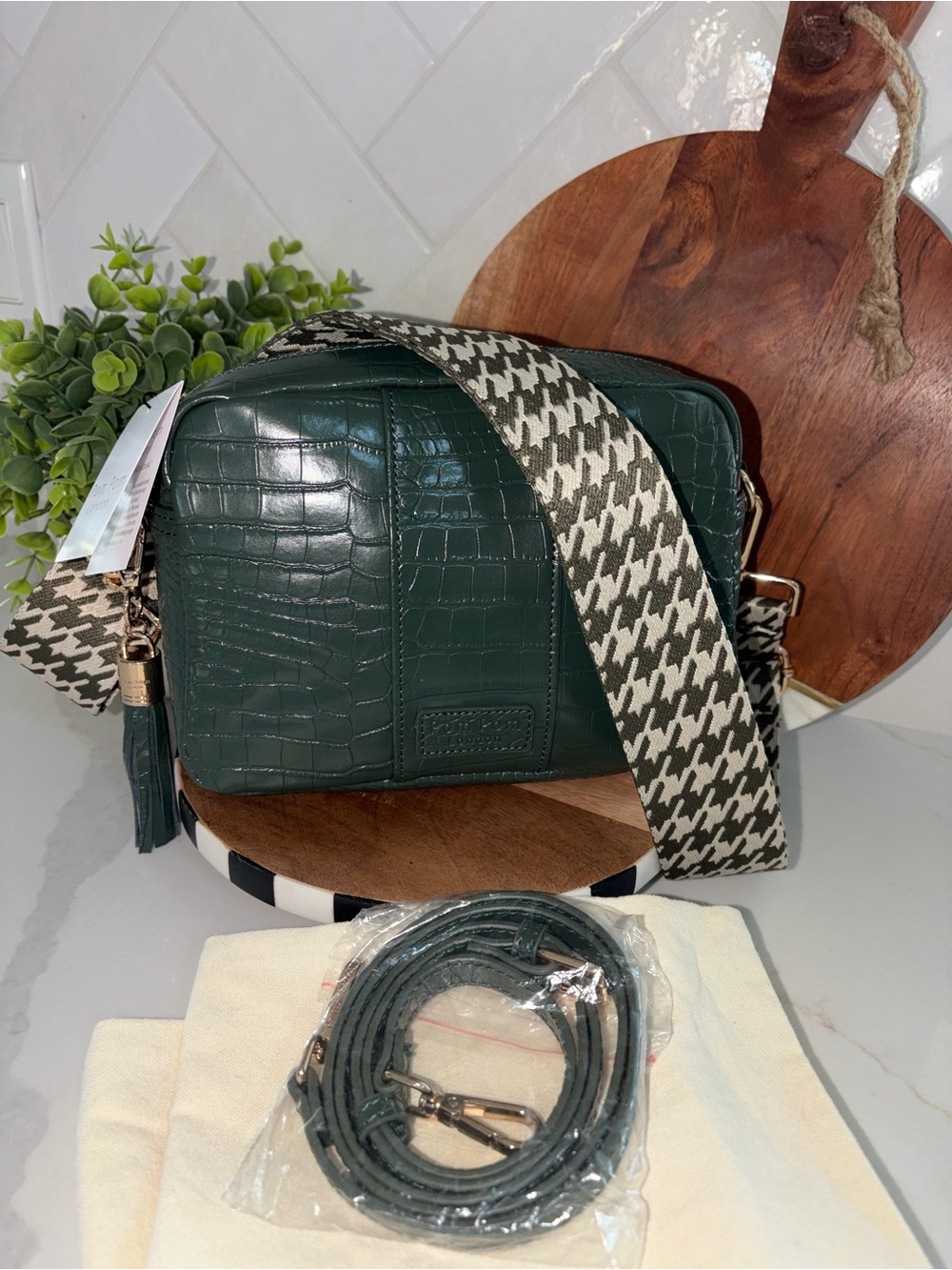 Pom Pom London Pine green croc City crossbody bag purse houndstooth strap NWT